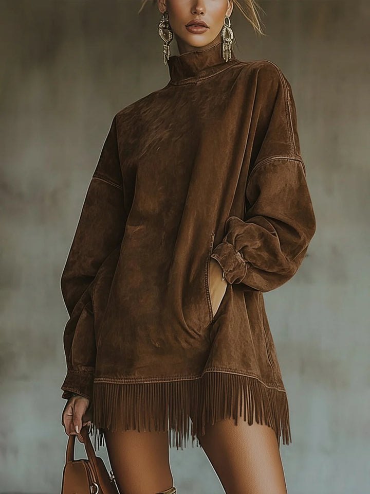 Brown suede fringe dress with high neck and long sleeves, modeled indoors against a blurred background, paired with a brown handbag.