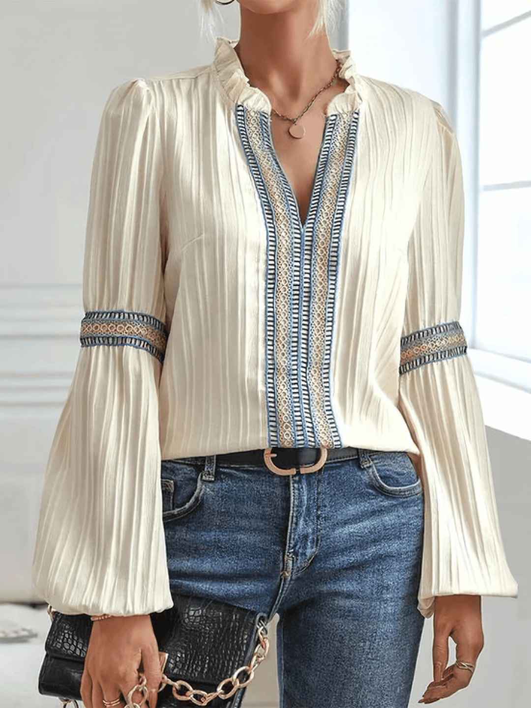 Pohima – V-Neck Embroidered Blouse