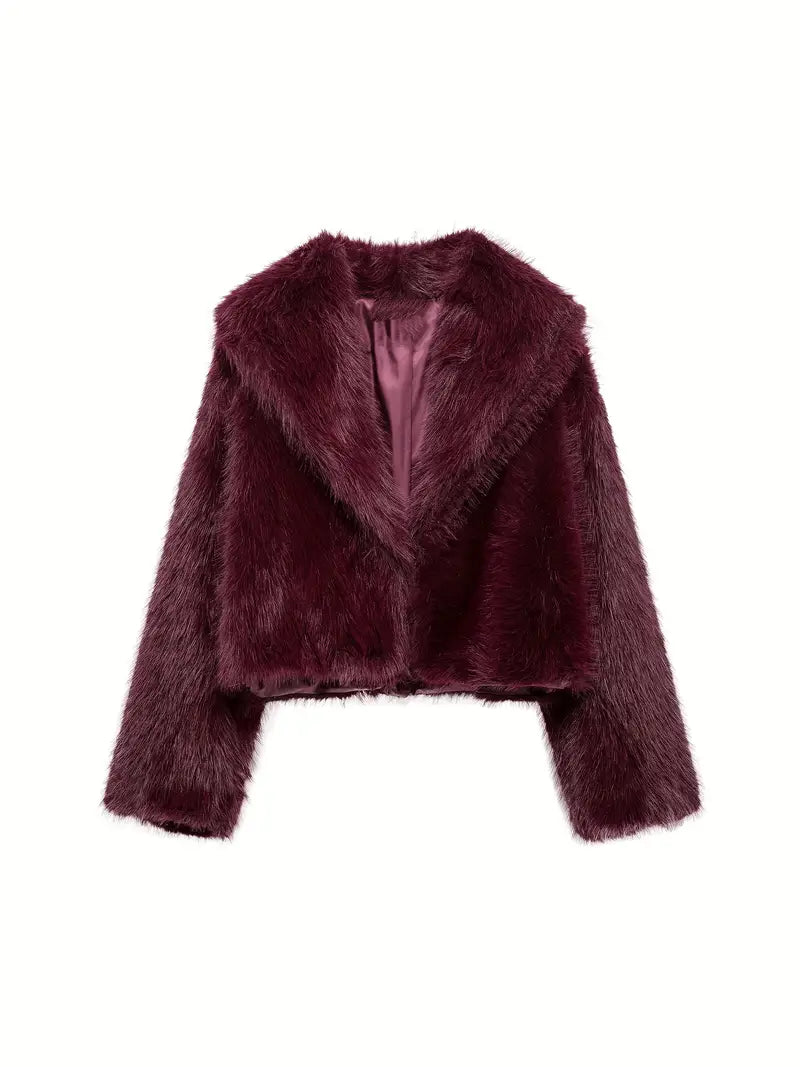 Rich burgundy fur jacket with a plush texture and classic fit, set against a white background.