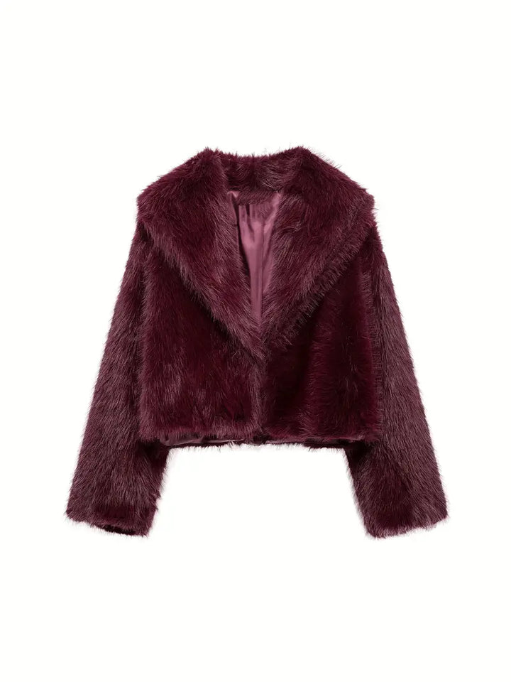 Rich burgundy fur jacket with a plush texture and classic fit, set against a white background.