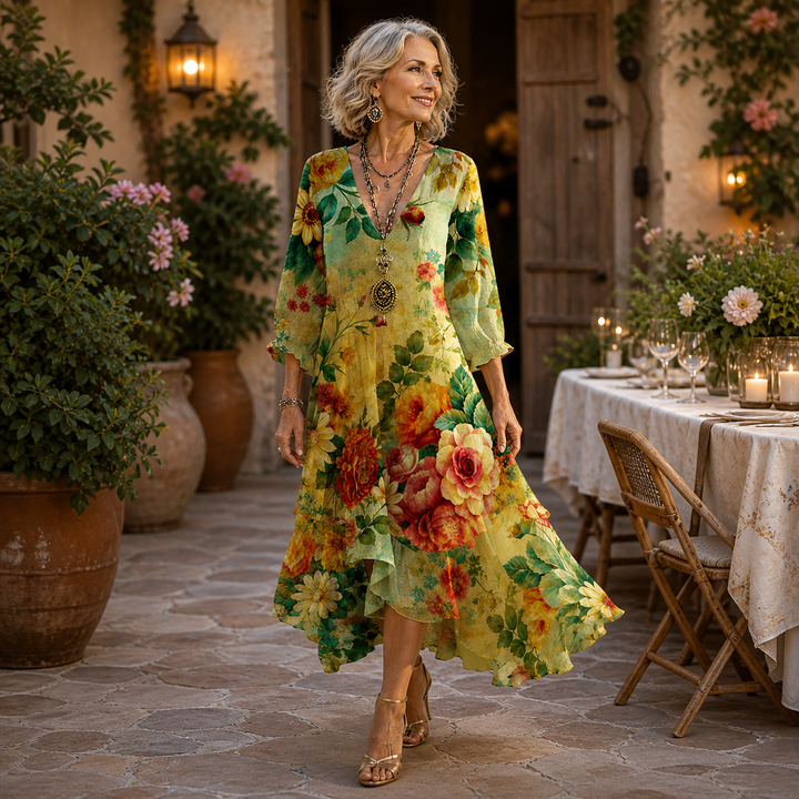 Woman in a floral midi dress walking in a charming courtyard, surrounded by lush greenery and an elegant dining setup.