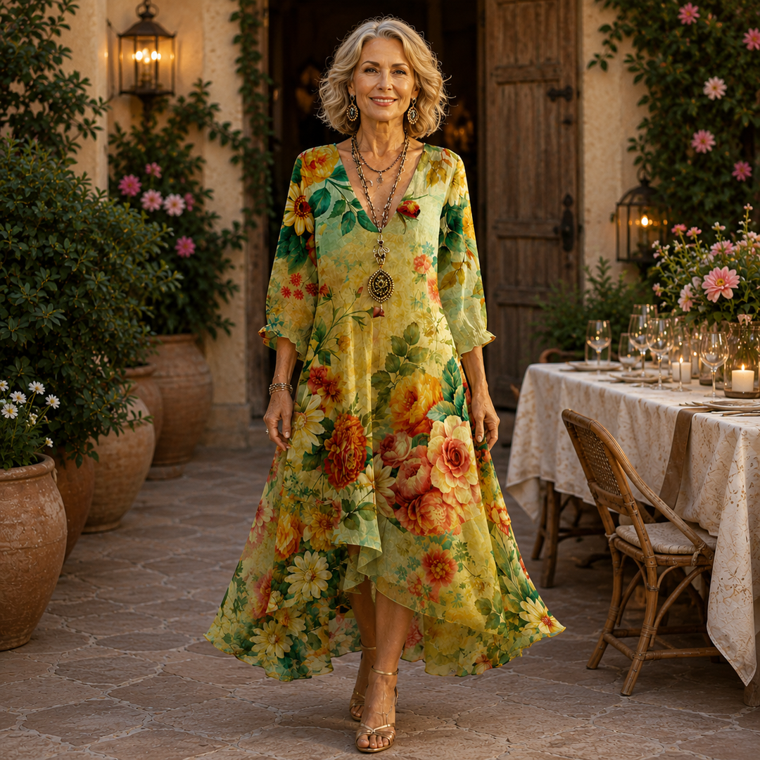 Woman in a vibrant floral midi dress, standing in a Mediterranean courtyard with terracotta pots and a candlelit table.