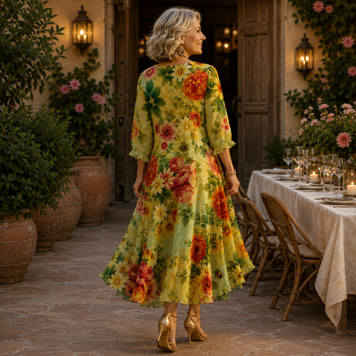 Back view of a woman in a colorful floral dress, in a serene courtyard setting with plants and a set dining table.
