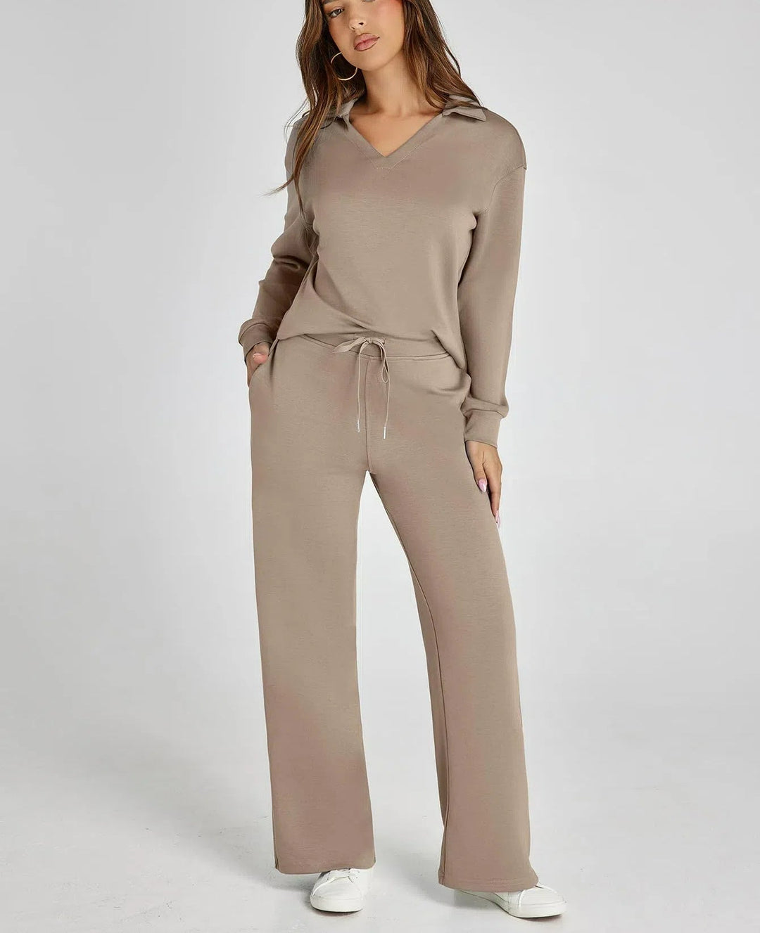 Lanie – V-Neck Polo Lounge Set with Wide-Leg Pants