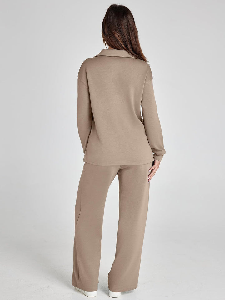 Lanie – V-Neck Polo Lounge Set with Wide-Leg Pants