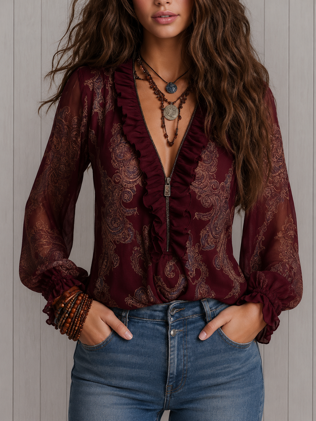 Elise | Baroque Paisley Ruffle-Neck Blouse