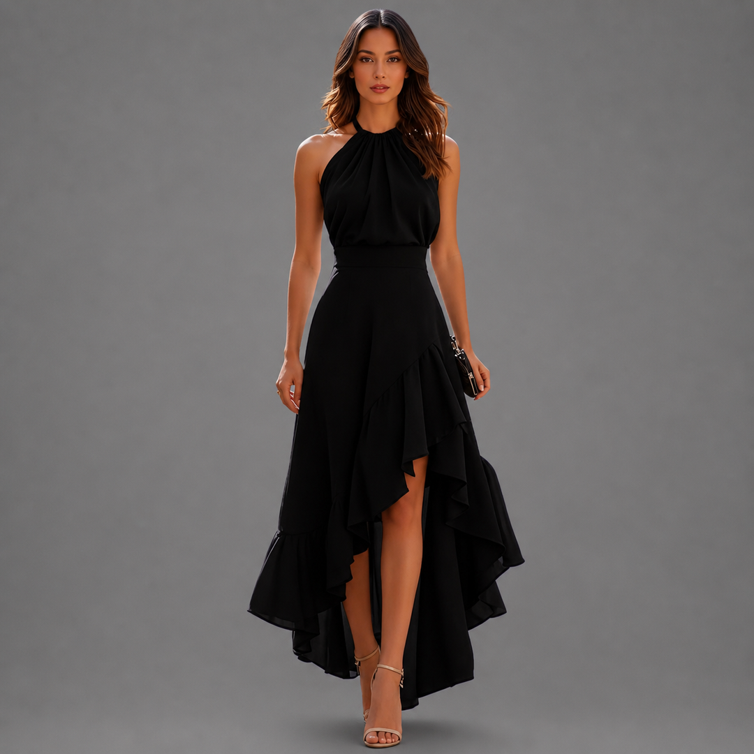 Sophisticated black maxi dress with a halter neck and cascading ruffled hem, presented on a gray studio backdrop.