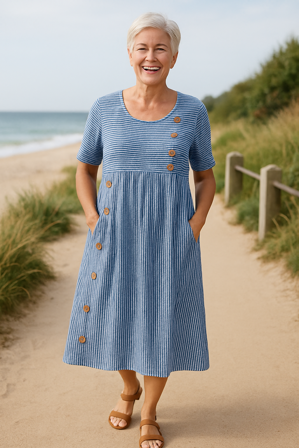 Blue-striped midi dress with buttons, worn on a sandy beach path, with ocean and grassy backdrop.