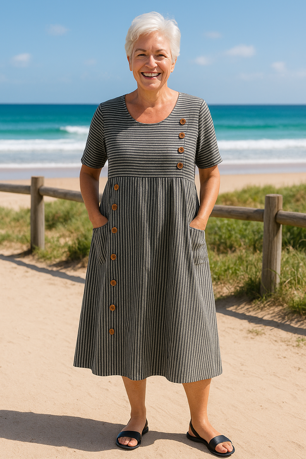 Black-striped midi dress with buttons, worn on a beach path, with a bright ocean and sky background.
