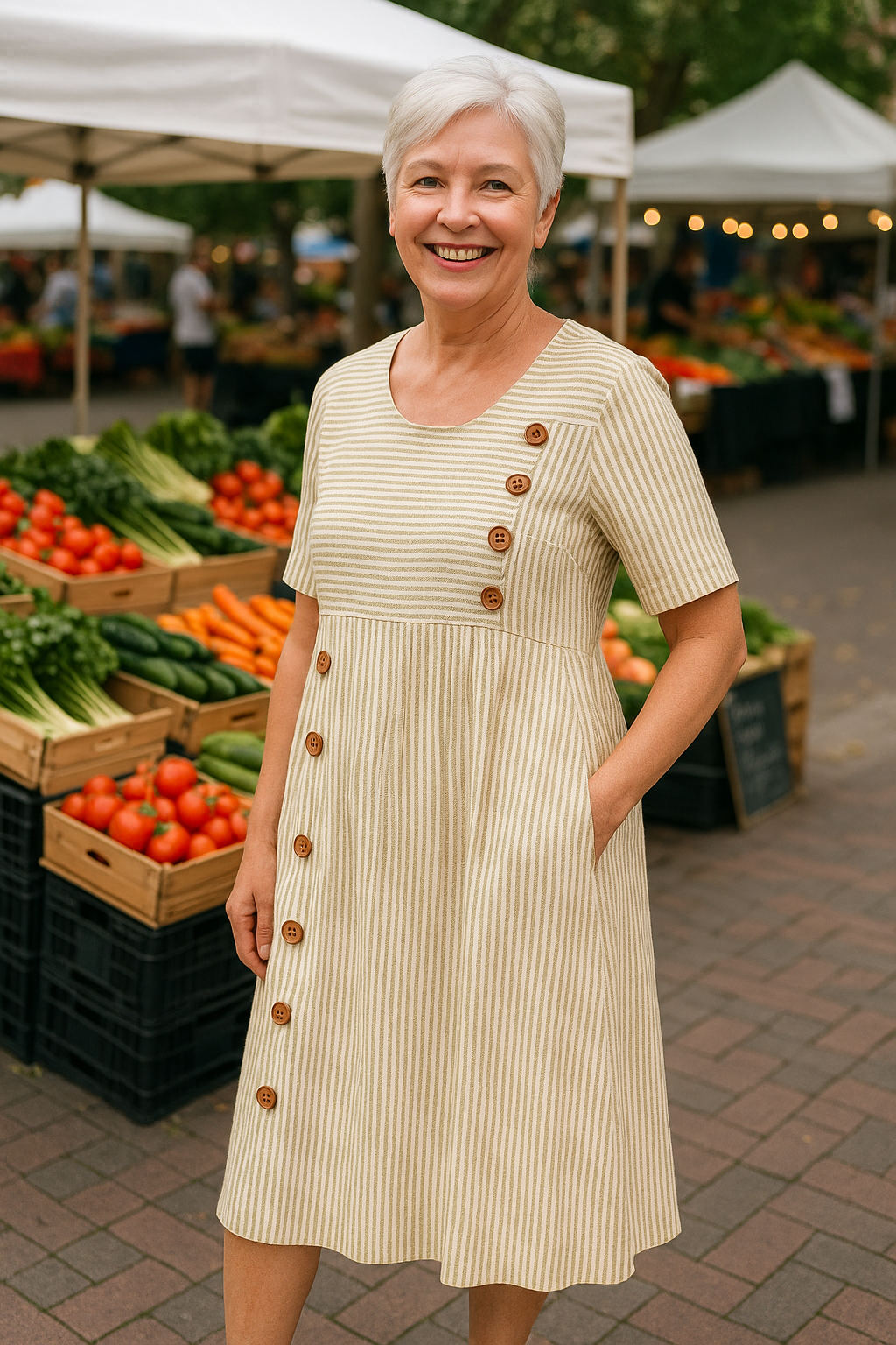 Yellow-striped midi dress with buttons, worn at an outdoor market with fresh produce in the background.