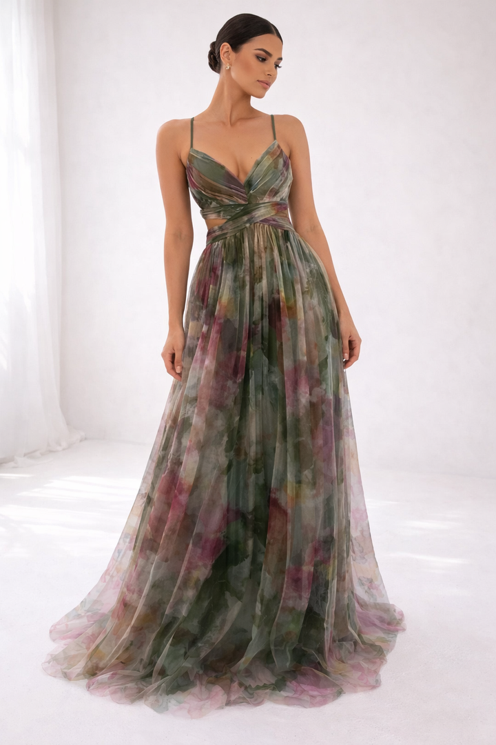 Floor-length dress with green and purple shades, thin straps, studio ambiance, gentle lighting.