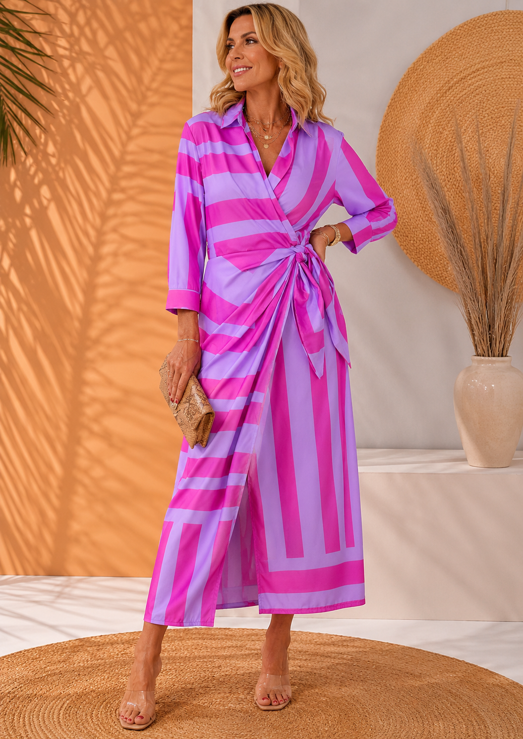Model in purple-pink striped maxi dress, holding clutch, on woven rug with earthy decor.