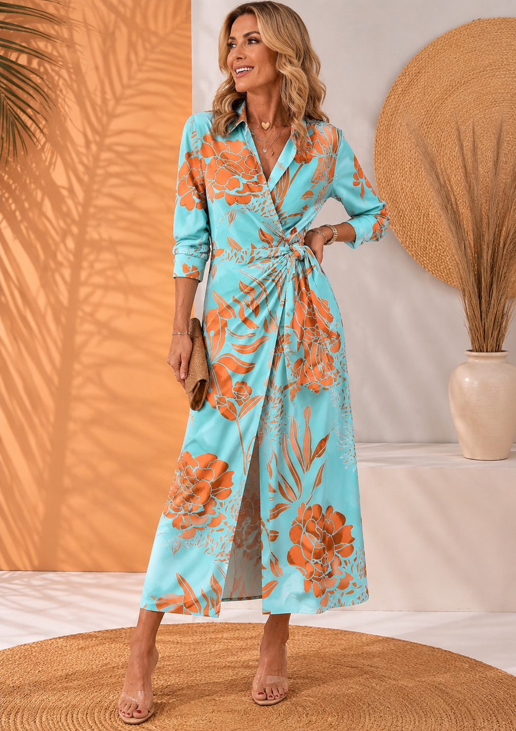 Model in blue dress with orange floral print, holding clutch, on woven rug with earthy decor.