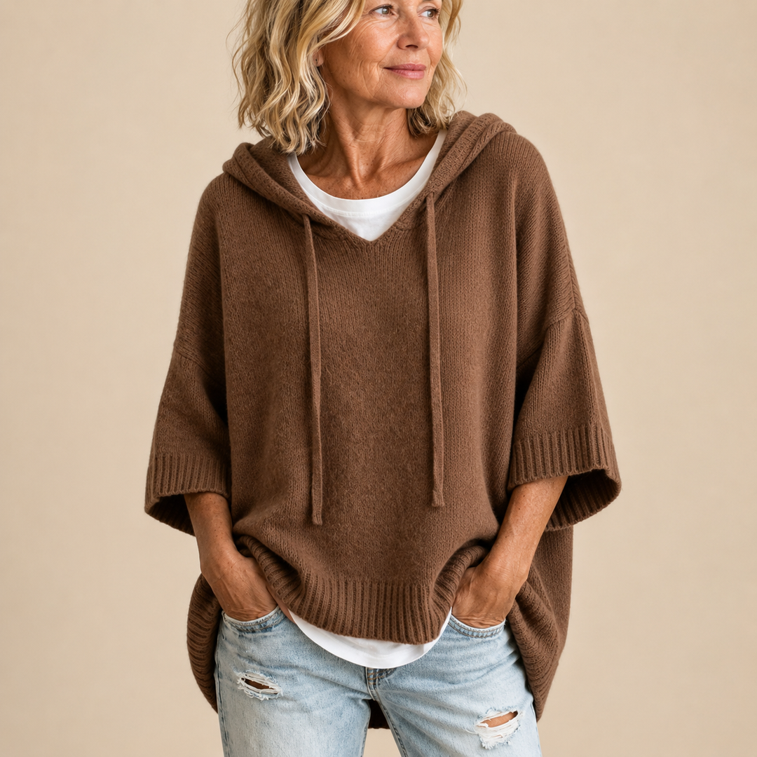 Willow | Hooded Knit Poncho with Three-Quarter Sleeves