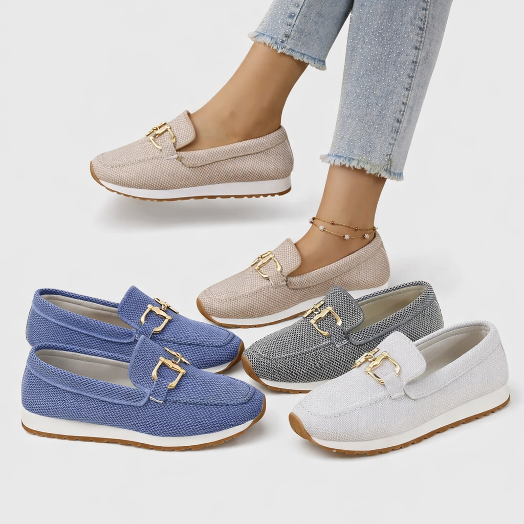 Collection of orthopedic loafers in beige, gray, blue, and white displayed on a light background.