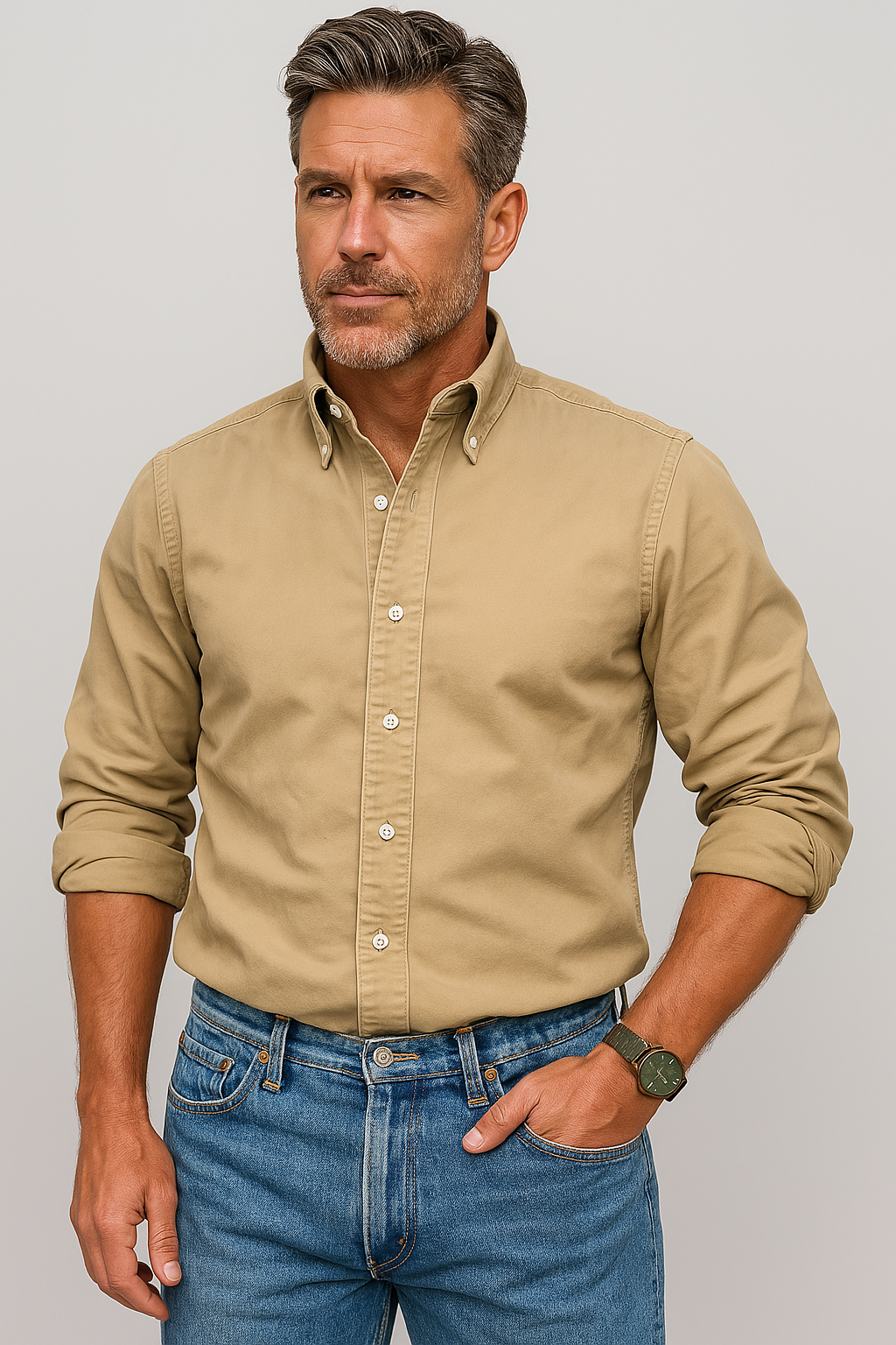 Man in beige shirt and blue jeans, studio setting.