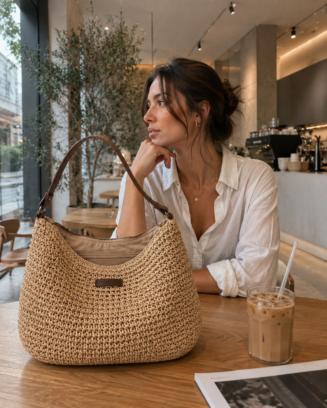 Woman in cafe setting with an elegant woven bag on the table, holding a drink.