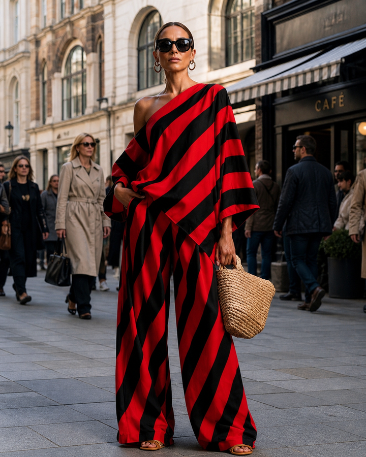 Red and black striped one-shoulder set worn by model with sunglasses, holding a woven bag, walking on a busy city street.