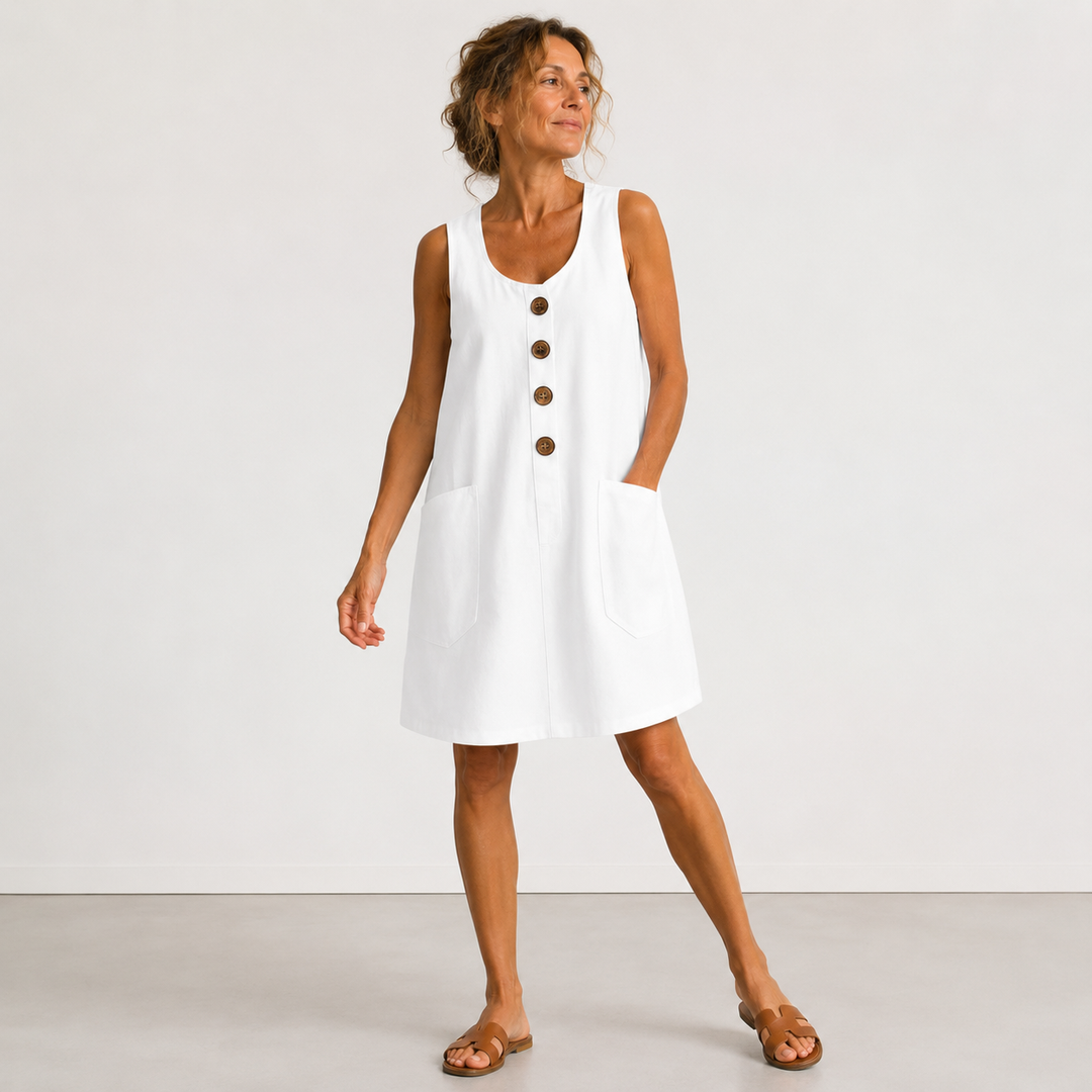 White summer dress with buttons and pockets, worn in a studio setting.