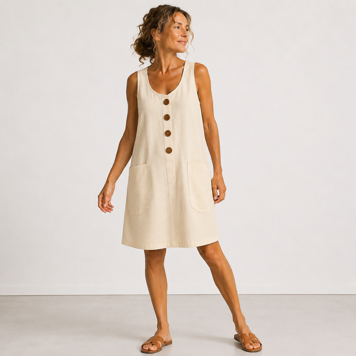 Beige summer dress with buttons and pockets, worn in a studio setting.