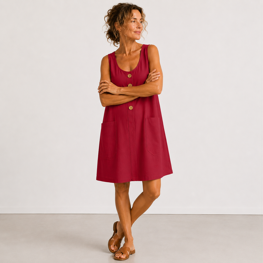 Red summer dress with buttons and pockets, worn in a studio setting.