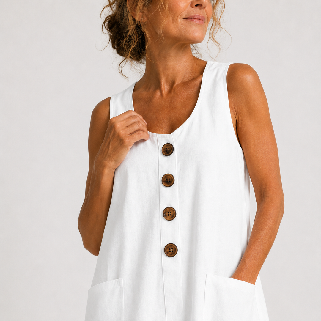 Close-up of a white dress with buttons and pocket, worn in a studio setting.