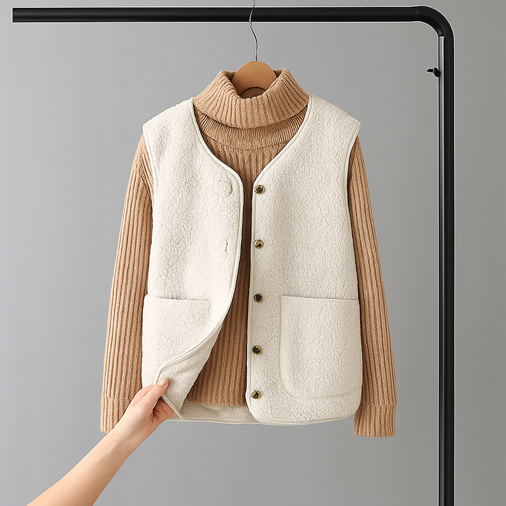 Soft white sleeveless cardigan with large pockets over a beige ribbed turtleneck on a hanger in a minimal studio setting.