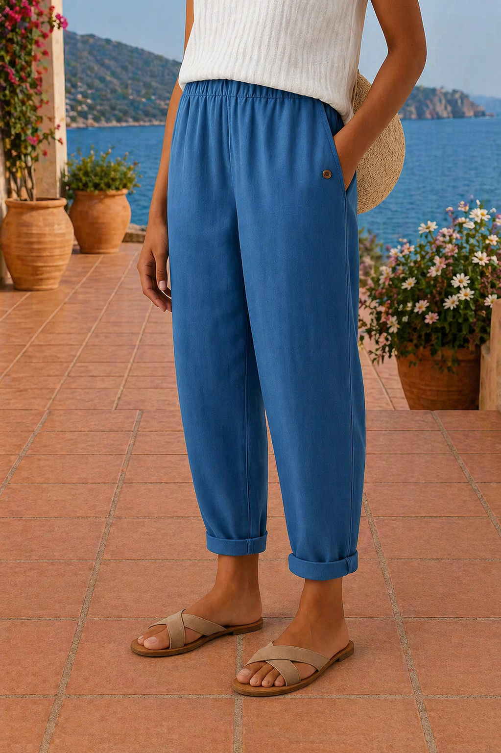Blue pants with rolled cuffs and button detail, worn with sandals. Terrace setting with sea and floral backdrop.