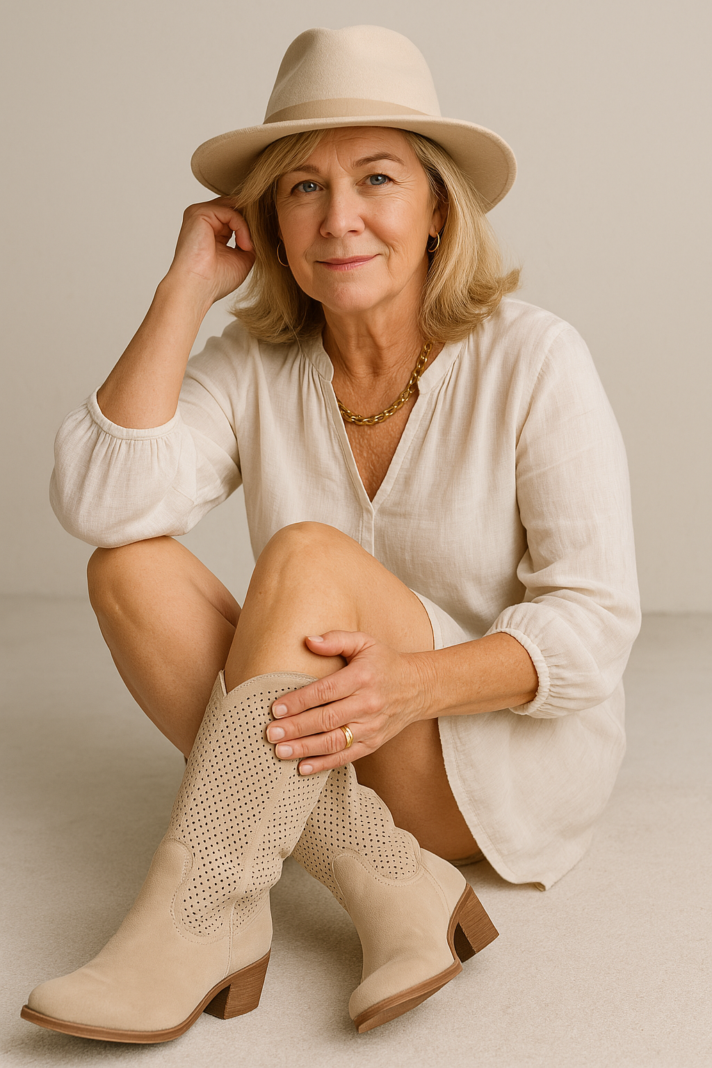 Woman seated in studio wearing beige perforated cowboy boots and matching hat.