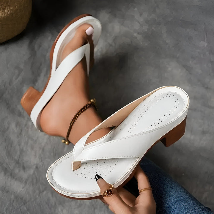 White high-heeled mule with perforated insole held by a hand, worn on foot with anklet, gray textured floor.