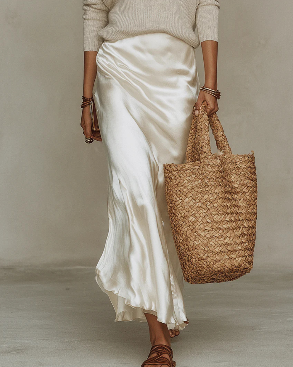 Close-up of a cream sweater and white flowing skirt with a woven bag in hand, against a neutral background.