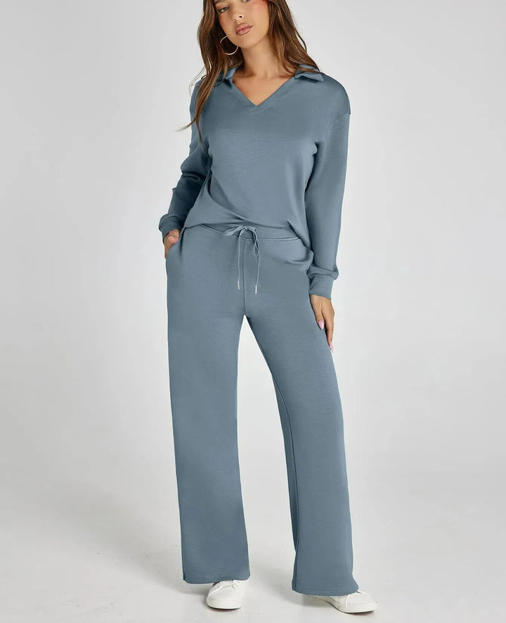 Lanie – V-Neck Polo Lounge Set with Wide-Leg Pants