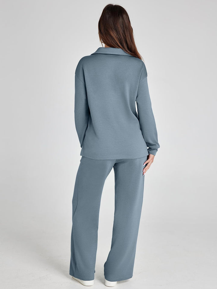 Lanie – V-Neck Polo Lounge Set with Wide-Leg Pants