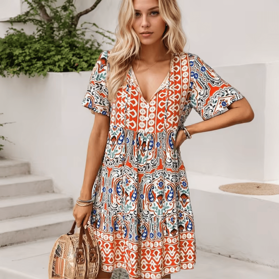 Abigail – Printed Midi Dress with Tie Neckline