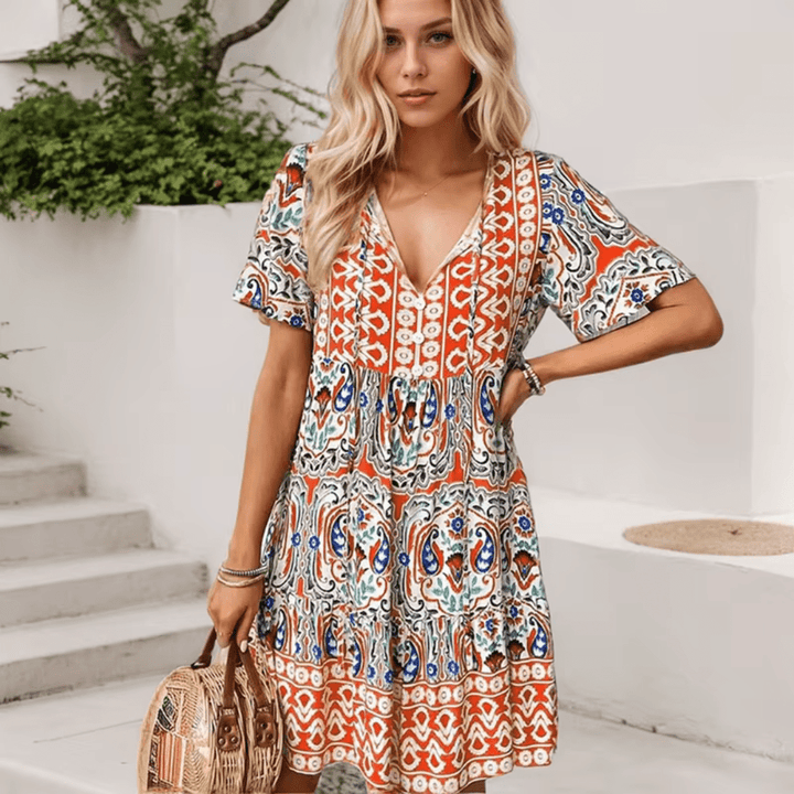 Abigail – Printed Midi Dress with Tie Neckline