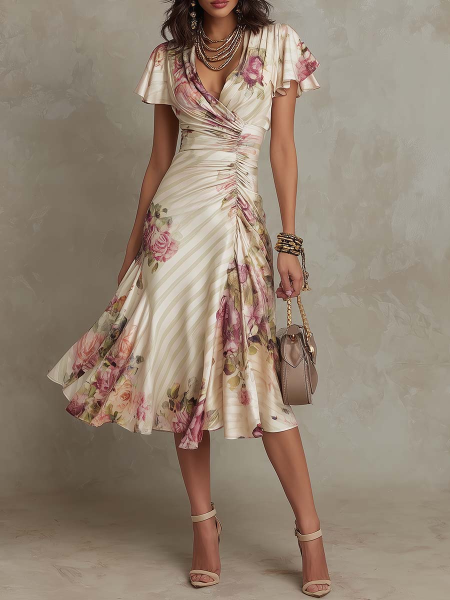 Elegant midi dress with floral design and ruched waistline, worn with accessories, in a studio setting.