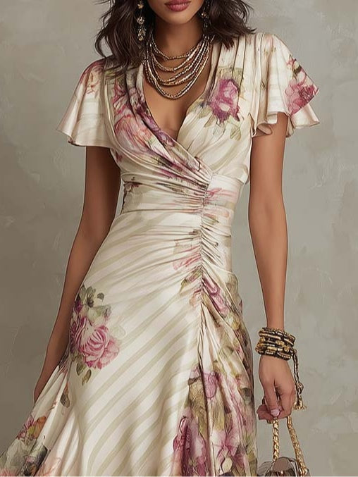 Close-up of floral midi dress with ruched details and short sleeves in a textured studio background.