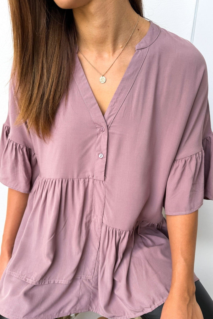 Elvie – V-Neck Blouse with Cuffed Sleeves