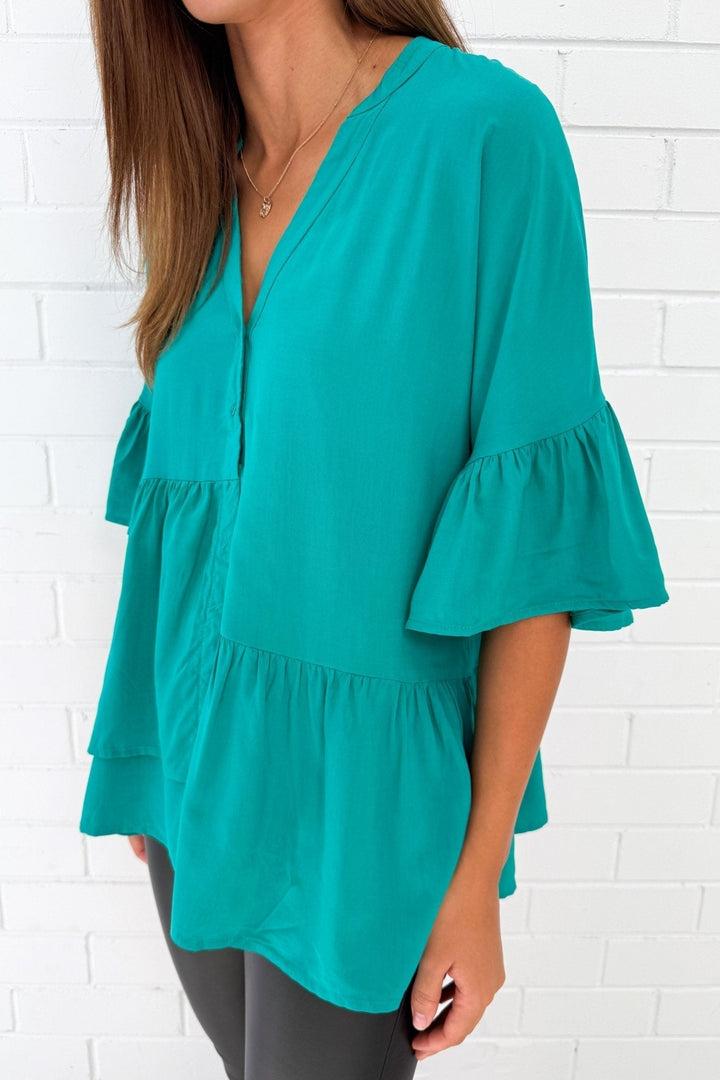 Elvie – V-Neck Blouse with Cuffed Sleeves