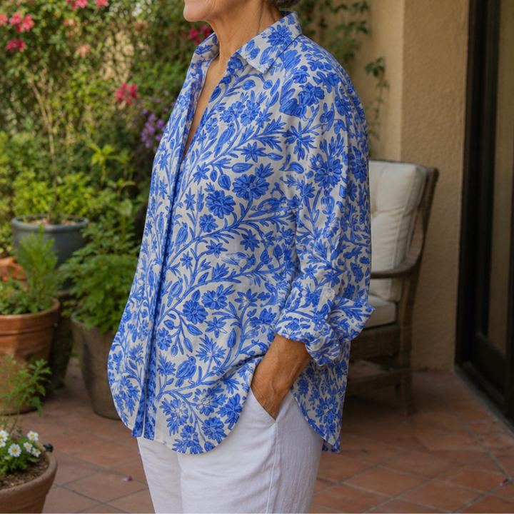Fiona – Floral V-Neck Blouse with Nature Print