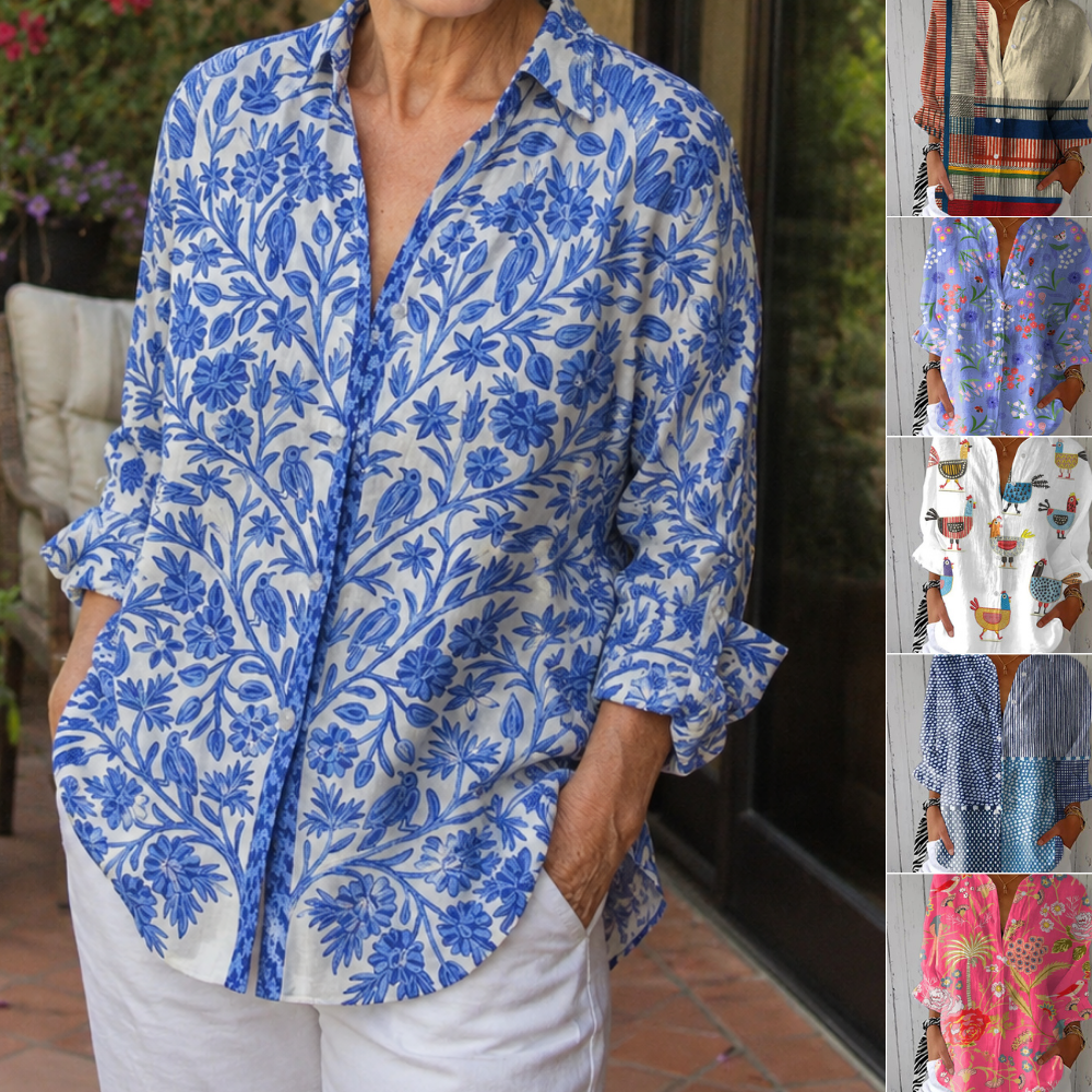Fiona – Floral V-Neck Blouse with Nature Print