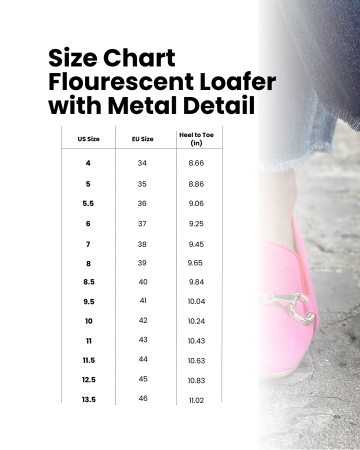 Fluorescent loafer size chart with pink loafer detail, by Emma &amp; Olivia Boutique.
