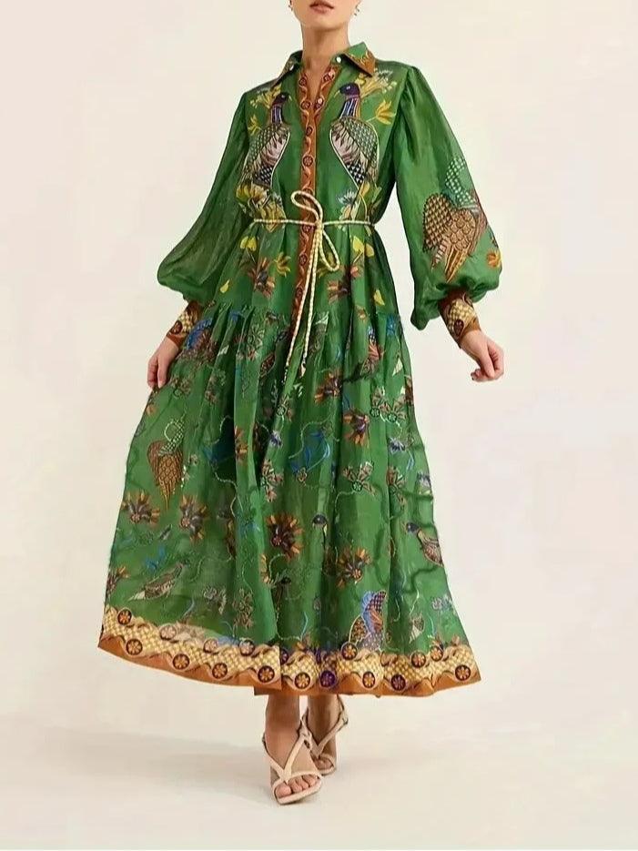 Green floral print maxi dress with puff sleeves, front view in studio setting.