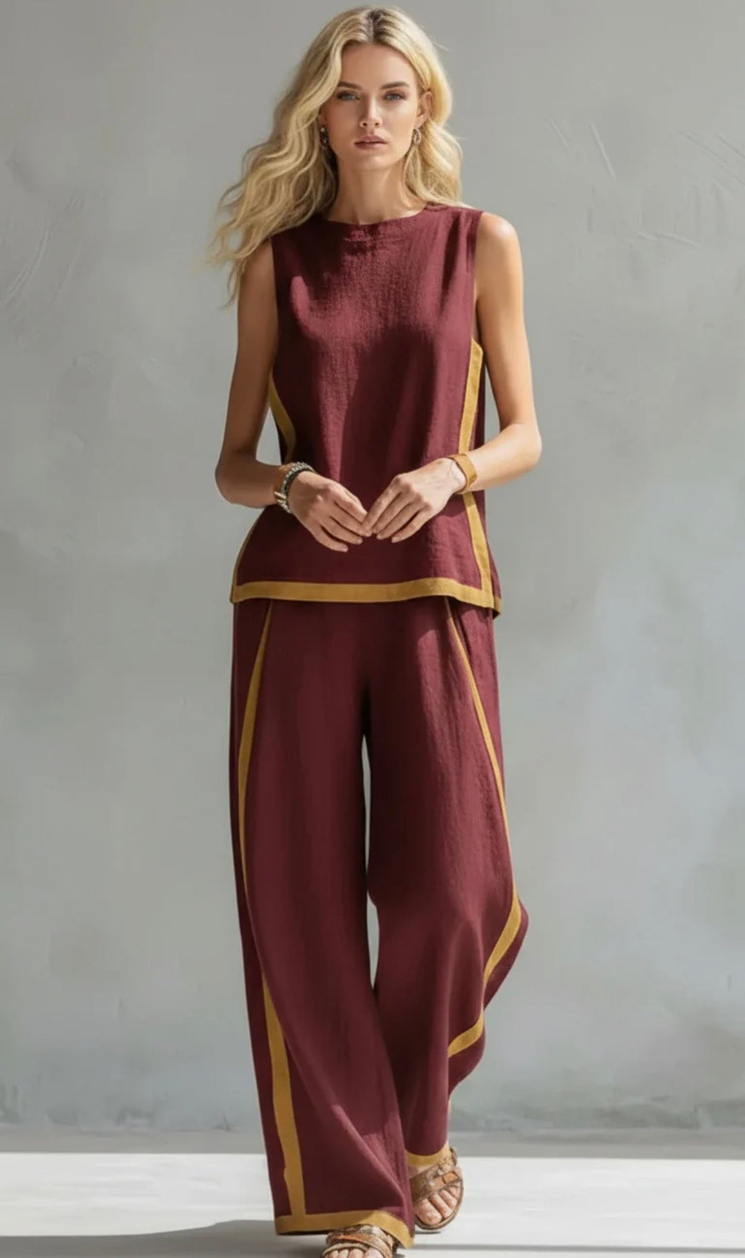 Model in a burgundy two-piece set with yellow accents, posing in a gray textured studio.