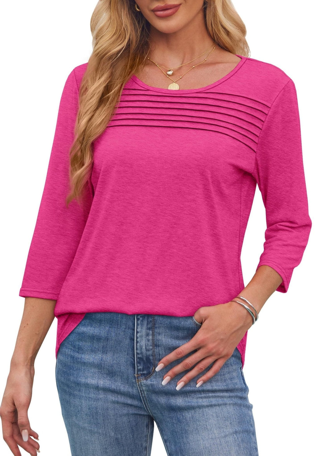 Monalisa – Pleated 3/4 Sleeve V-Neck Top