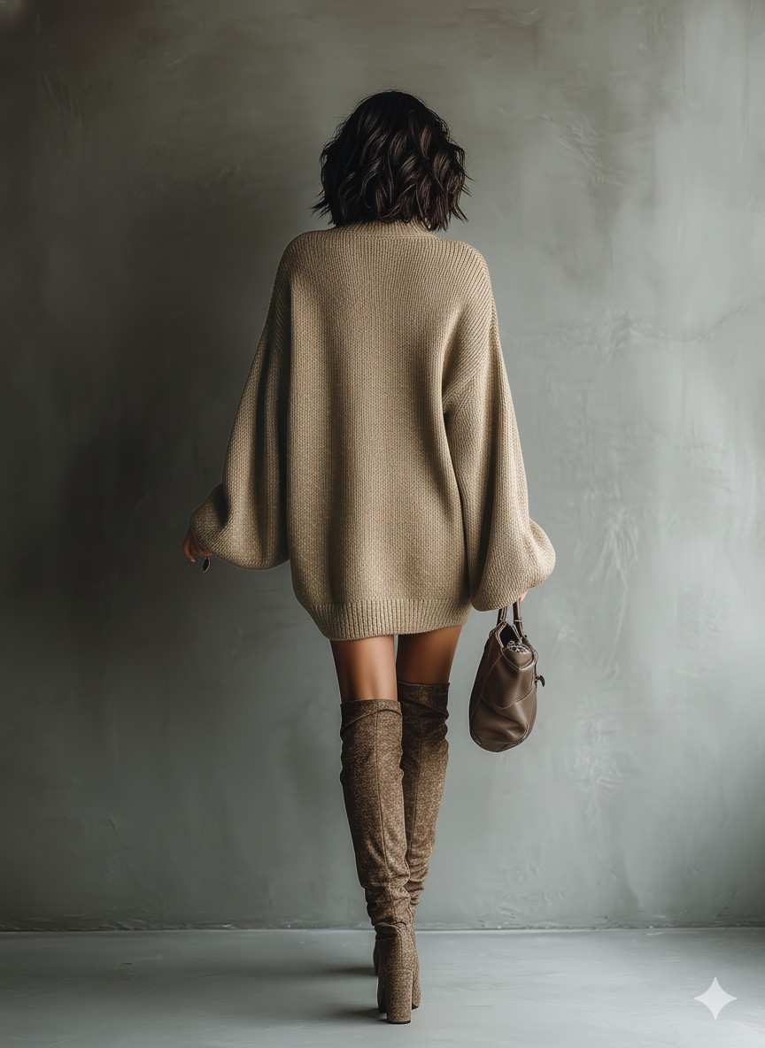 Rear view of woman in caramel brown knit dress with long sleeves, holding a purse, studio setting.
