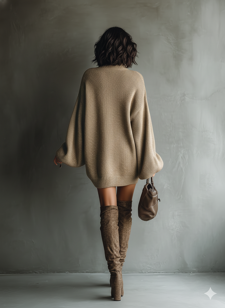 Rear view of woman in caramel brown knit dress with long sleeves, holding a purse, studio setting.