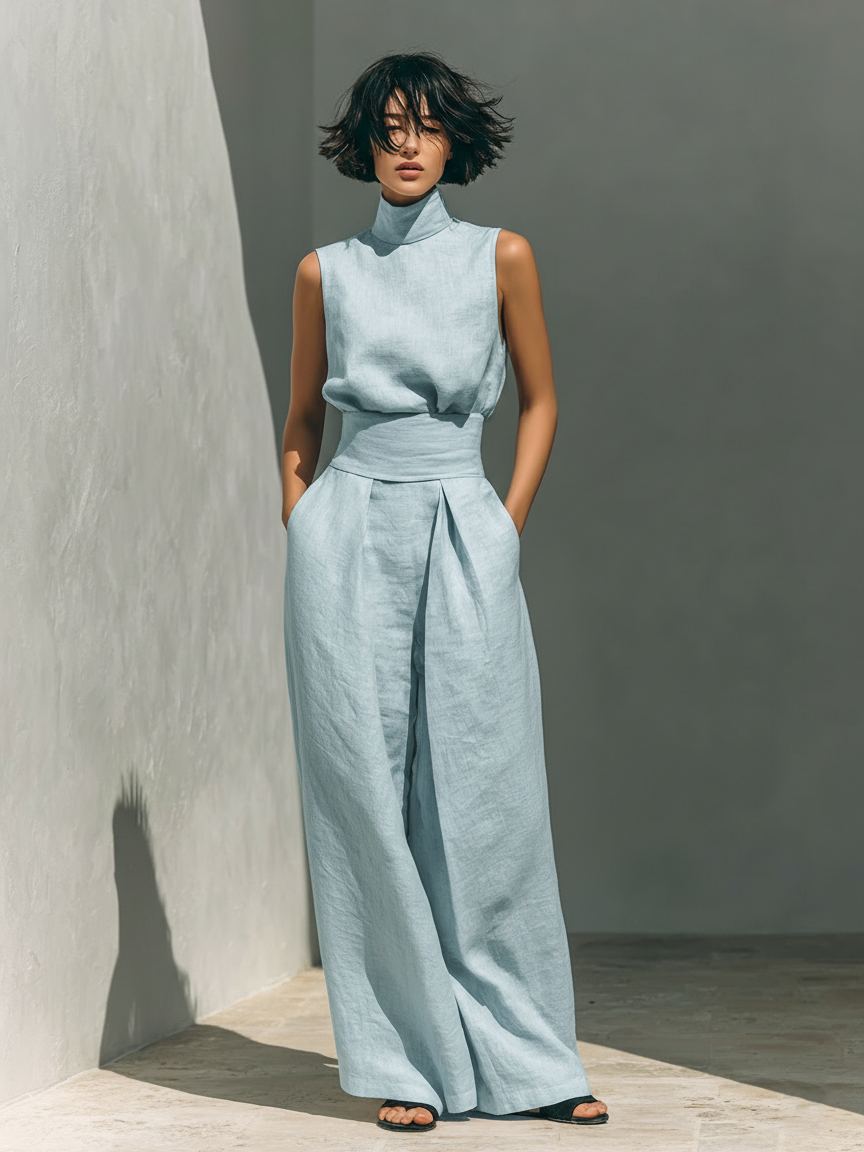 Woman in a light blue two-piece set with sleeveless top and wide-leg pants in a minimalist outdoor setting.