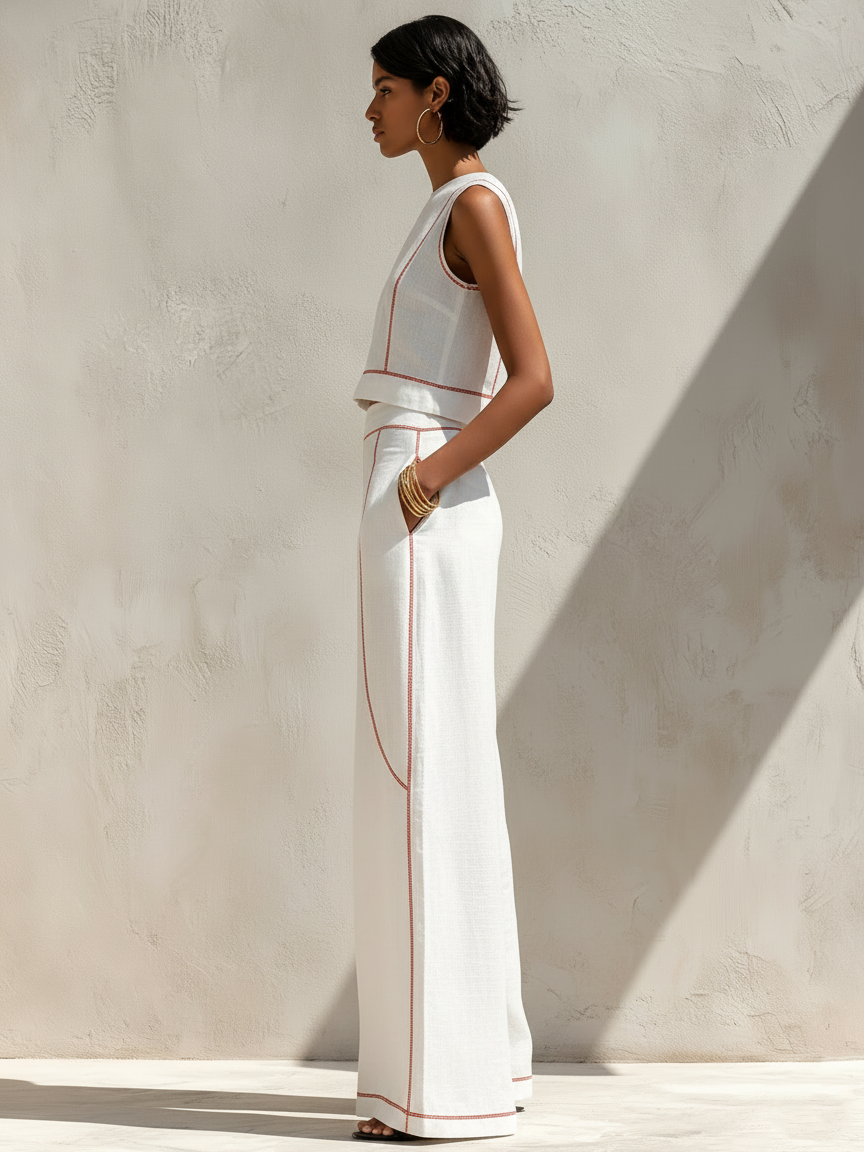 Side view of white pants set with contrast stitching, worn by woman in outdoor setting against light wall.