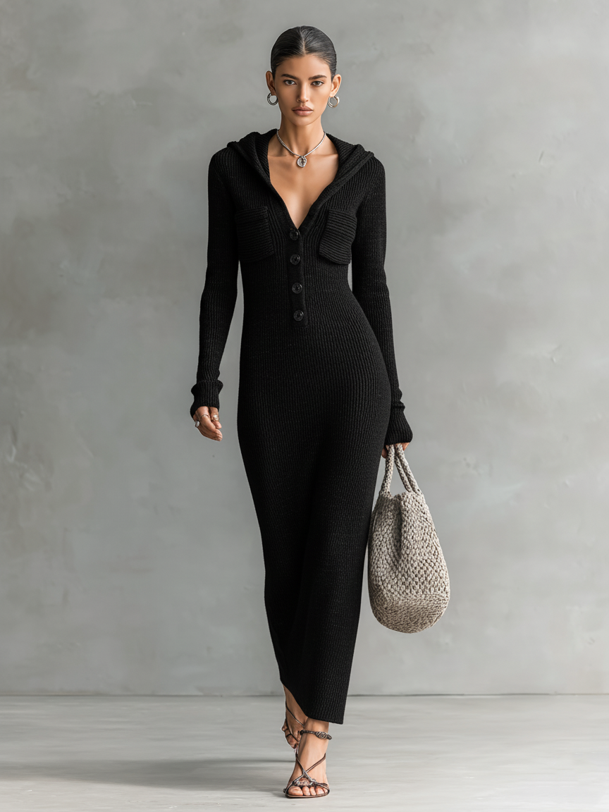 Model wearing a black slim-fit hooded maxi dress with button detail and a woven bag against a neutral background.